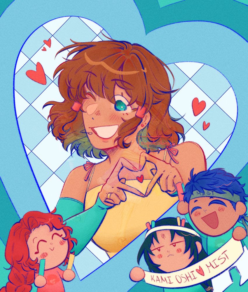 idol AU of mist (FE 9/10) as an idol, doing a heart pose with her hands and winking at the crowd, that being some other greil mercs namely titania, soren, and ike. the three of them are wearing mist fan shirts and holding up penlights, and also soren and ike are holding a banner that states "kami oshi mist"