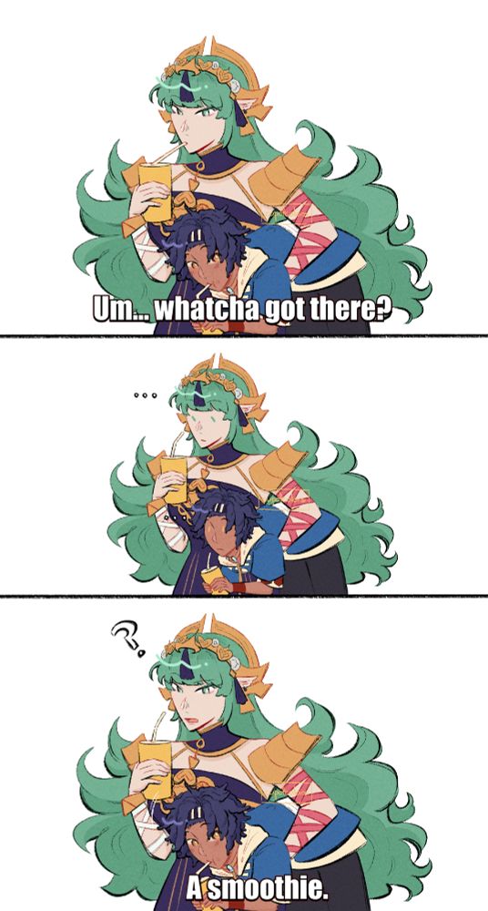 Smoothie meme redraw featuring sothis and cai from fire emblem fortune’s weave. Sothis is holding cai in one arm while she drinks a smoothie in the other, cai also has a smoothie :)