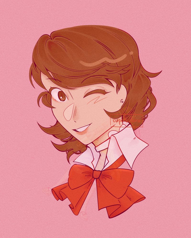 headshot of yukari (persona 3) winking with a small smile with a pink wash over everything