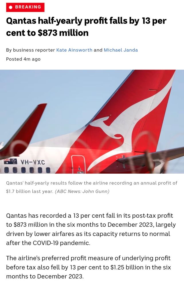 Screenshot of a news article entitled "Qantas half-yearly profit falls by 13 per cent to $873 million"