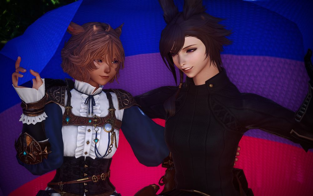 A gpose image of my ocs Ahna and Lileah holding a bisexual flag behind their backs.