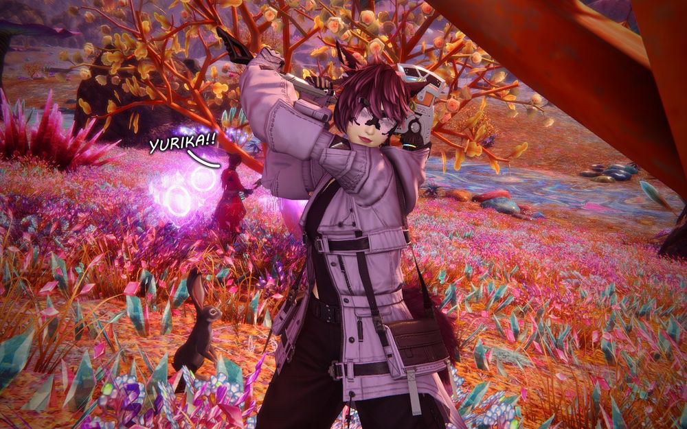 An image of Vivian chopping a tree on Phaenna, in the background Lomasi is doing the same to another tree and shouting "Yurika!"