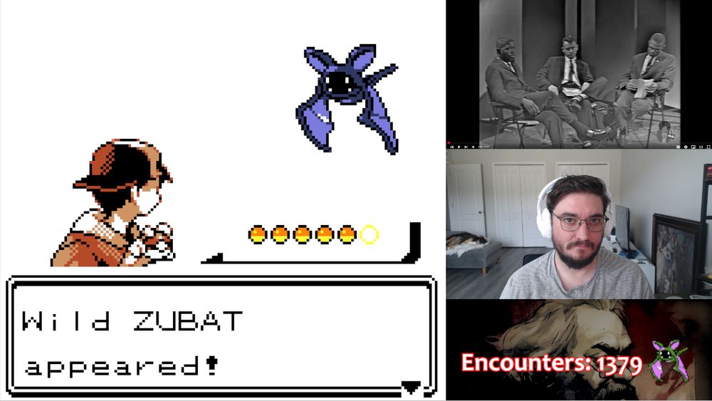 screenshot of my Twitch stream. On the left is Pokemon Gold, showing an encounter with Zubat, on the right are 3 panels. The top is a video (black and white, 3 men in suits sitting down, the right one is Malcolm X), the middle is me, and the bottom says "Encounters: 1379" with the sprite of Shiny Zubat.