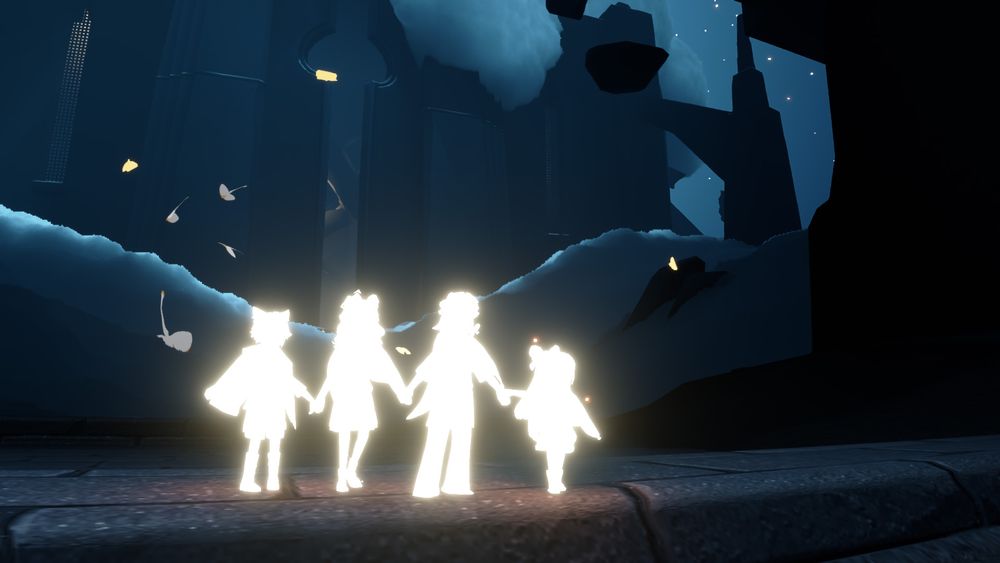 Four glowing skykids rest on a ledge before completing Orbit post-Eden-run.