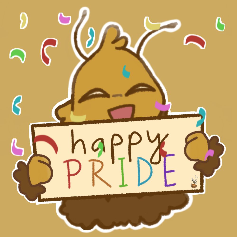 Zee (Bee's mascot) holds a sign saying "happy PRIDE". They're surrounded by rainbow confetti and have a big grin on their face.