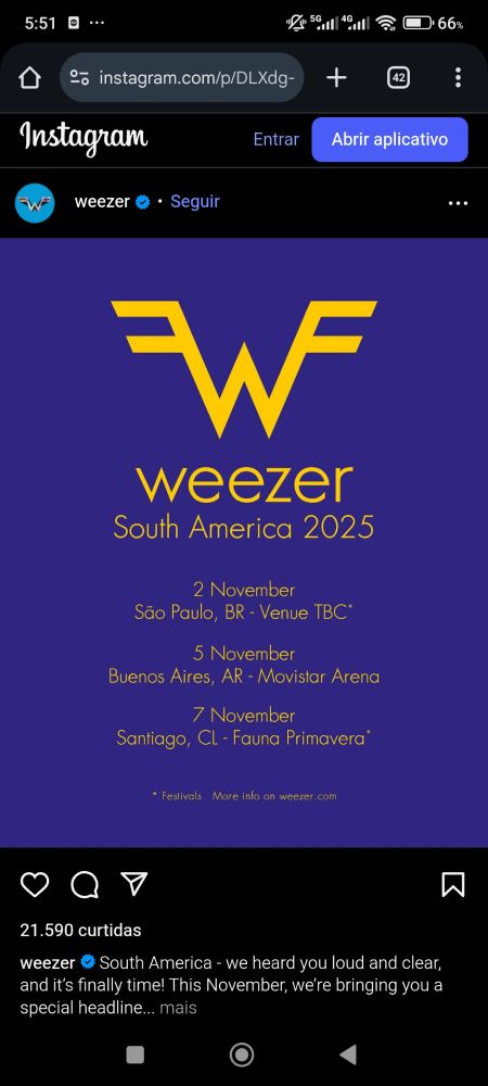 Print do Instagram da banda Weezer confirmando show em São Paulo dia 2 de novembro
