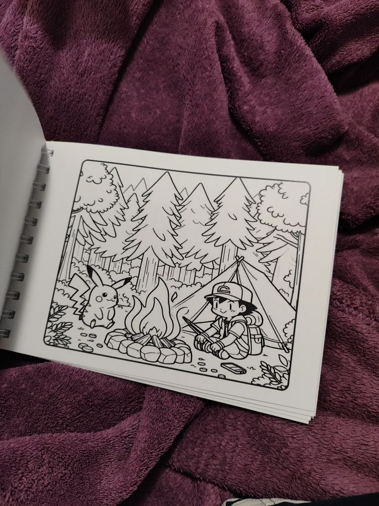 Bobbie Goods com desenho do Ash e do Pikachu em frente a uma fogueira para colorir 