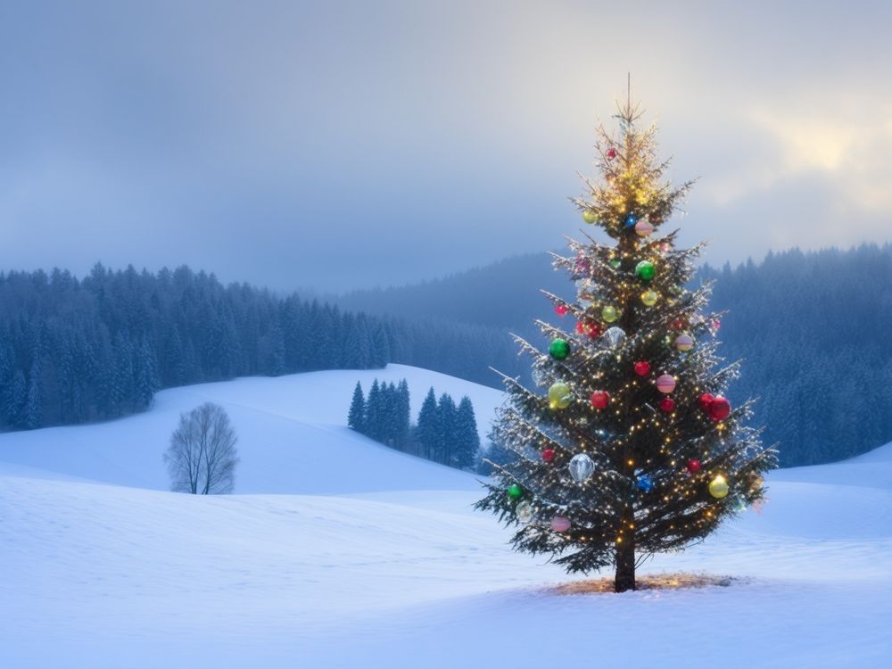 Eine winterliche Landschaft mit Hügeln, die teilweise von Wald bewachsen sind. Im Vordergrund steht eine einzelne Tanne, die weihnachtlich geschmückt ist. Das Bild ist mit der KI-Anwendung Luma Photon generiert worden.
