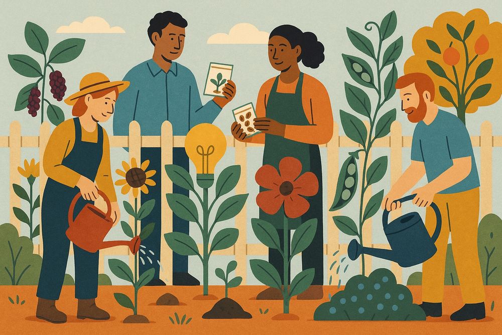 Illustration mit mehreren Menschen, die in einem Garten arbeiten