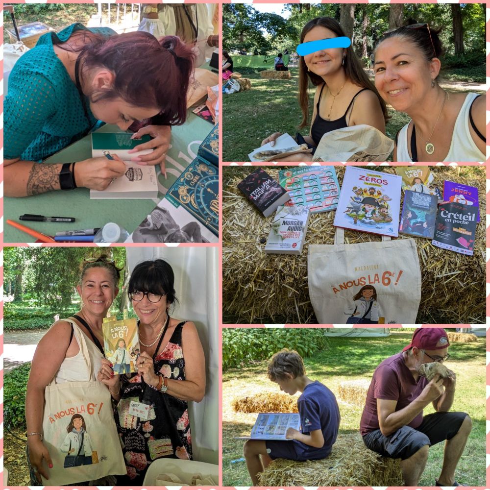 Pêle.mêle de photos prises au salon du livre de poche de Créteil dont une autrice en train de dédicacer et une passionnée de littérature de jeunesse qui pose avec l autrice Magdalena. 