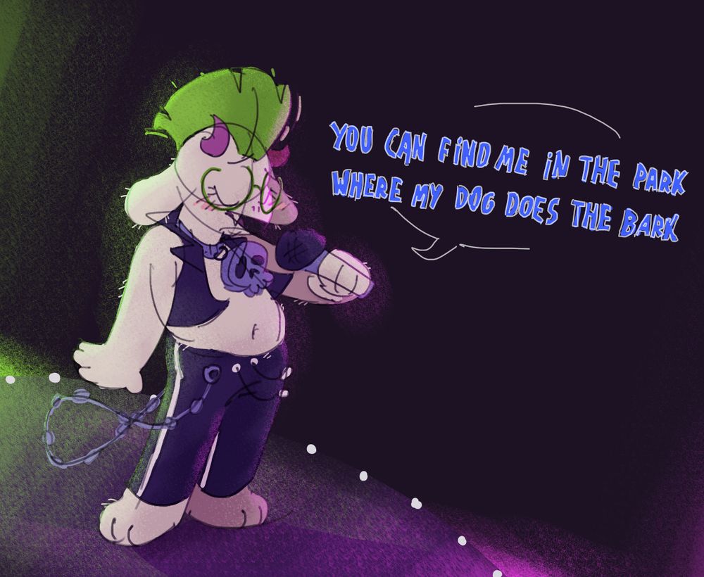 a drawing of ralsei in his rockstar outfit singing "you can find me in the park, where my dog does the bark"