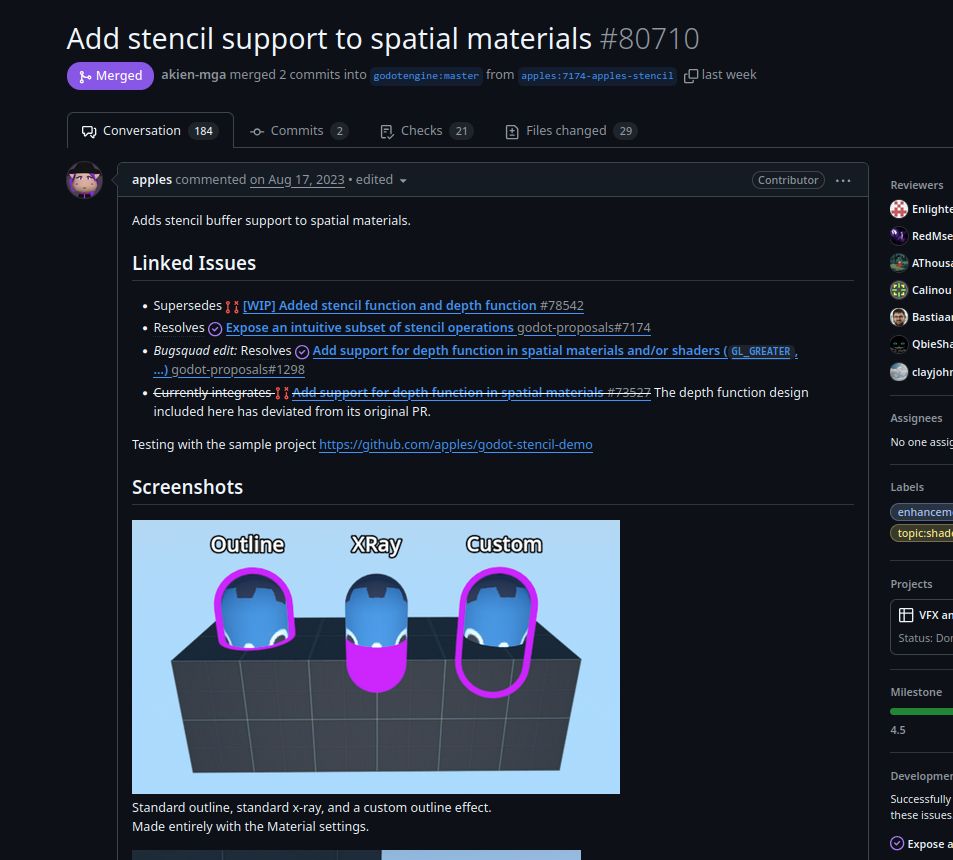 a screenshot of GitHub with the pull request "Add stencil support to spatial materials" by Apples. status is Merged!