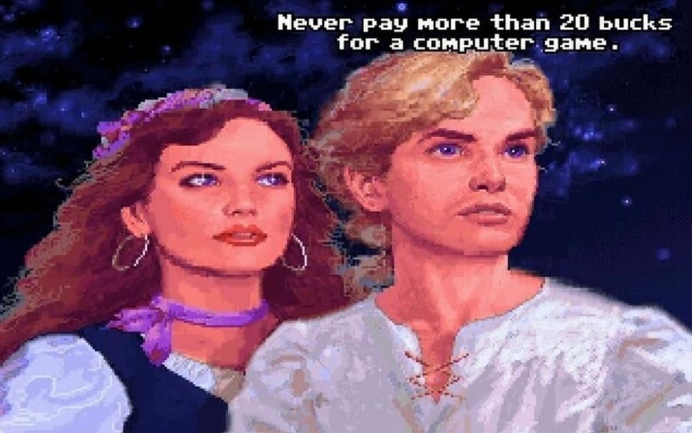 A screenshot of The Secret of Monkey Island with a close-up of Guybrush and Elaine. Guybrush is saying "Never pay more than 20 bucks for a computer game."