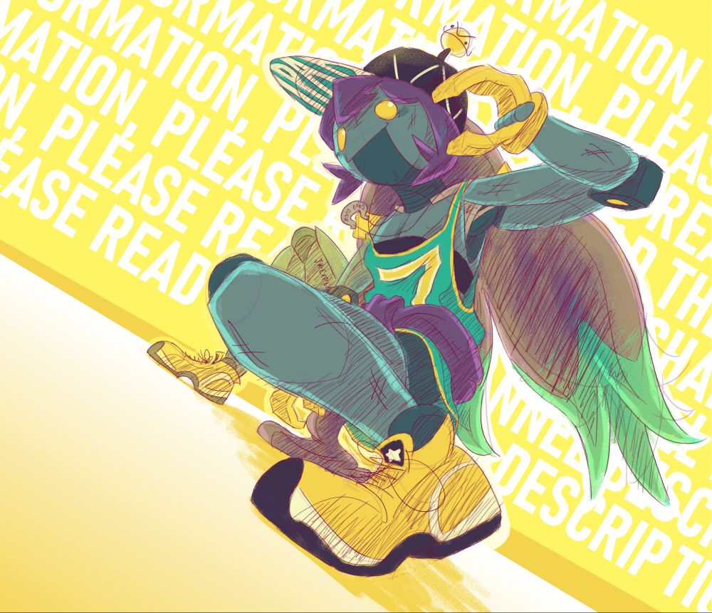a drawing of The Joke Explainer 7000 in Jet Set Radio-inspired clothes making a very cool pose on a yellow background with text "For more information, please read the channel description!"