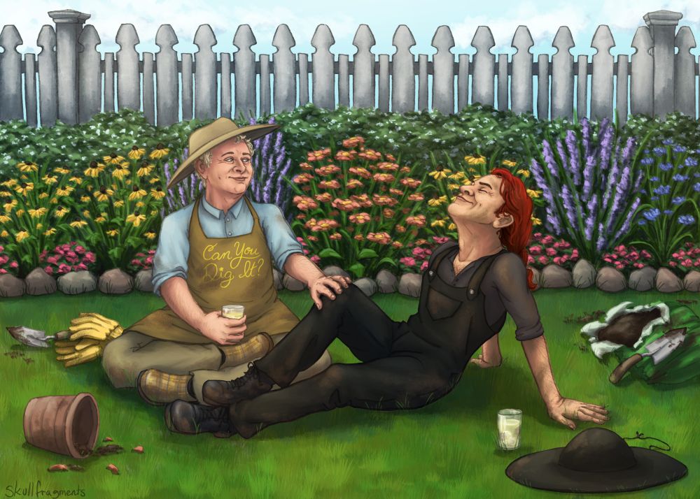     Home
    0
    Explore
    Communities

Inbox
0
Settings
Create
Following
For you
Your tags

Avatar
skullfragments
Badge image.Badge image.Badge image.
3s
A digital painting of Aziraphale and Crowley from Good Omens sitting in the grass in front of a flower bed. Aziraphale is wearing a sunhat, tartan gardening clogs, and an apron that reads "Can You Dig It?". He is sitting cross-legged and looking to his left at Crowley, with a hand on Crowley's outstretched knee. He is holding a glass of lemonade in his lap. Crowley is leaning back on his hands with legs stretched out, basking in the sun. His own sunhat is on the grass next to him with his glass of lemonade. On the ground around them are gardening tools, soil, and discarded flower pots. Behind the vibrant flower bed is a light gray picket fence.
ALT
Image Description
A digital painting of Aziraphale and Crowley from Good Omens sitting in the grass in front of a flower bed. Aziraphale is wearing a sunhat, tartan gardening clogs, and an apron that reads "Can You Dig It?". He is sitting cross-legged and looking to his left at Crowley, with a hand on Crowley's outstretched knee. He is holding a glass of lemonade in his lap. Crowley is leaning back on his hands with legs stretched out, basking in the sun. His own sunhat is on the grass next to him with his glass of lemonade. On the ground around them are gardening tools, soil, and discarded flower pots. Behind the vibrant flower bed is a light gray picket fence.