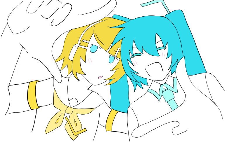 miku and rin taking a picture together simulating with their hands as if it were the camera