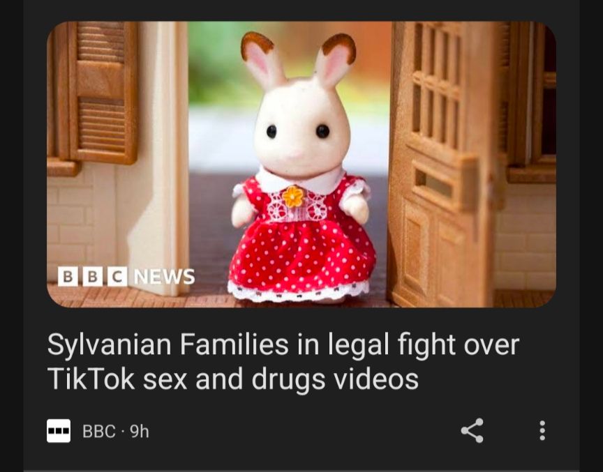 Screenshot showing a picture of a Sylvanian Families toy and the headline Sylvanian Families in legal fight over TikTok sex and drugs videos