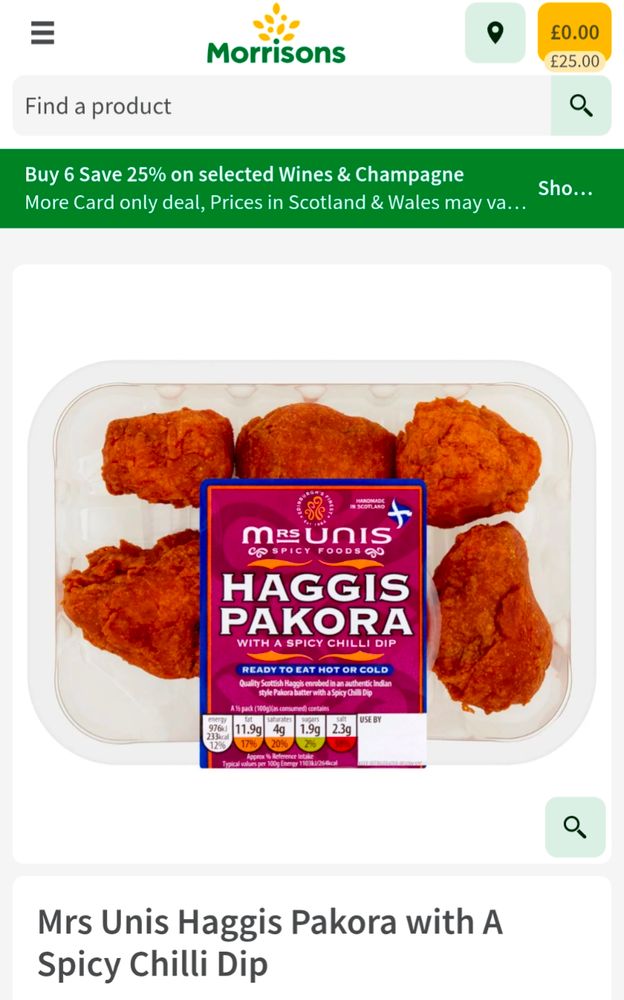 Picture of Morrison's "Mrs Unis Haggis Pakora with a spicy chilli dip"