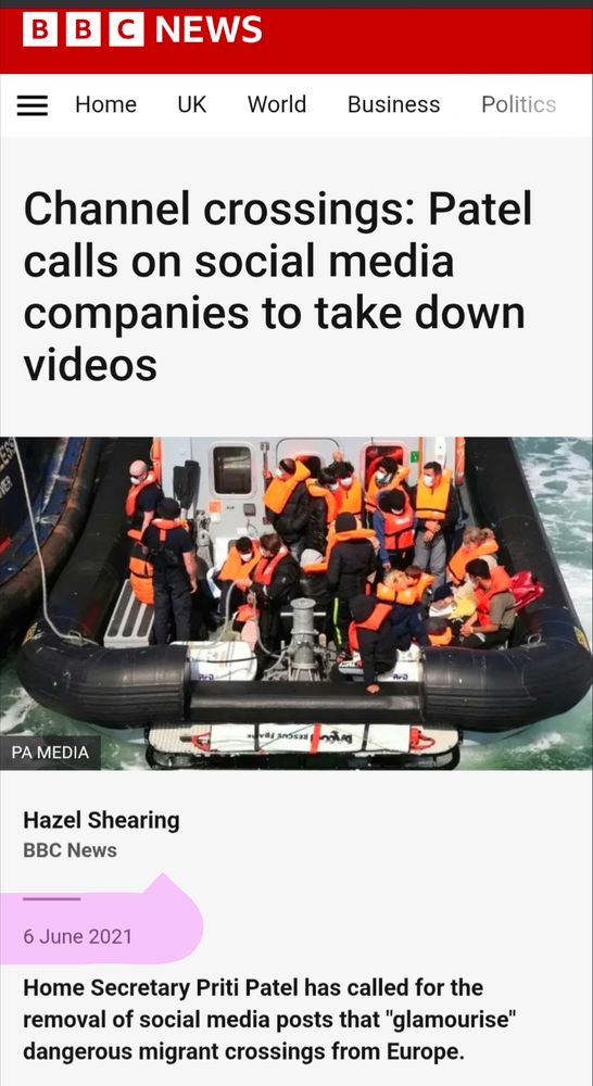 

Channel crossings: Patel calls on social media companies to take down videos



BBC News

6 June 2021

Home Secretary Priti Patel has called for the removal of social media posts that "glamourise" dangerous migrant crossings from Europe.
