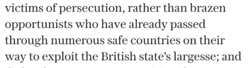 "rather than brazen opportunists who have already passed through numerous safe countries on their way to exploit the British state's largesse;"