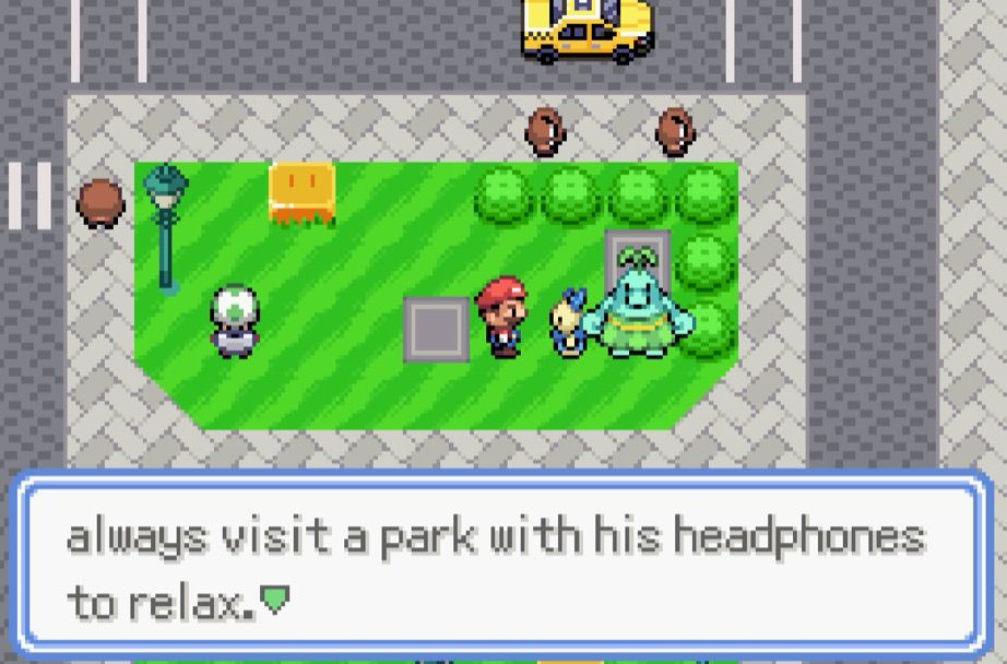 A video game screenshot with on-screen text that says “always visit a park with his headphones to relax.”