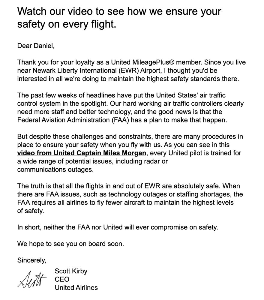A screenshot of an email sent by United Airlines CEO Scott Kirby