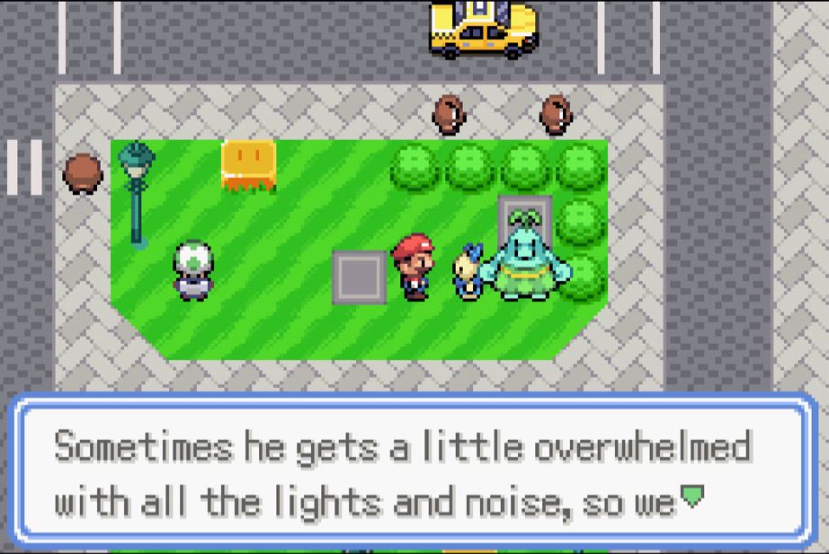 A video game screenshot with on-screen text that says “Sometimes he gets a little overwhelmed
with all the lights and noise, So we”