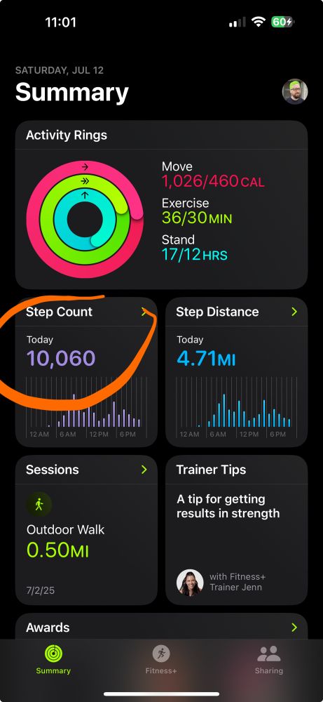 A screenshot of the Apple Fitness app with the number of steps circled. 
