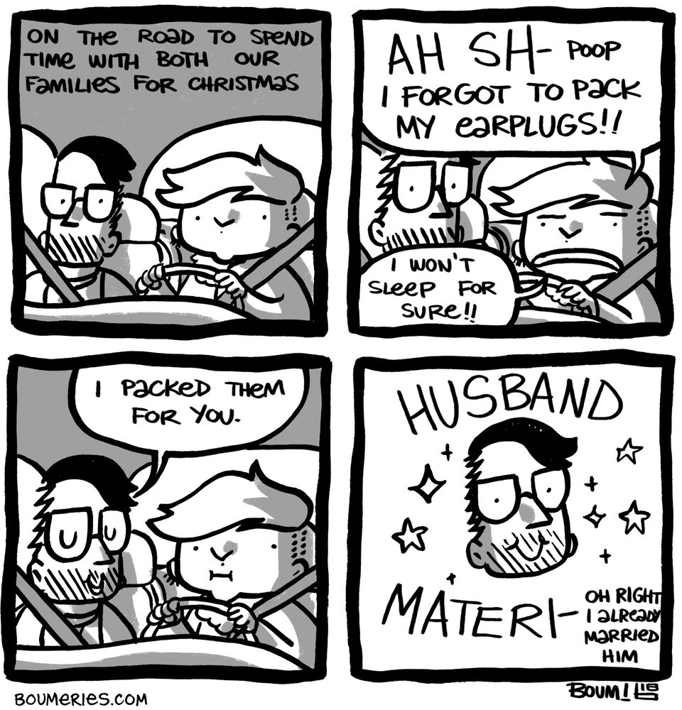 A 4-panel comic. We're in the car, on the road to spend time with both our families for Christmas, so for several days. I suddenly blurt out "AH SH- poop, I forgot to pack my earplugs!! I won't sleep for sure!!" My husband looks at me gently and says "I packed them for you." The last panel is just my husband's floating head with sparkles and it says "HUSBAND MATERI-- oh right I already married him"