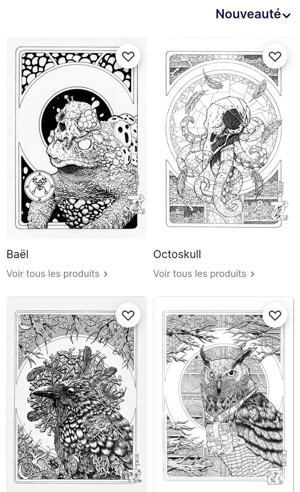 Copie d'écran de ma page Redbubble avec plusieurs dessins de démons et d'oiseaux 
