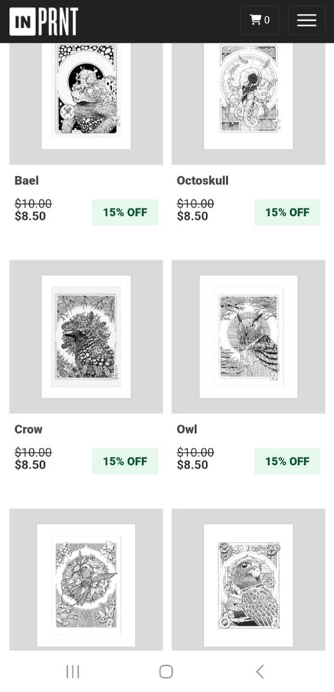 Copie d'écran de ma page In Prnt avec plusieurs dessins de démons et d'oiseaux 