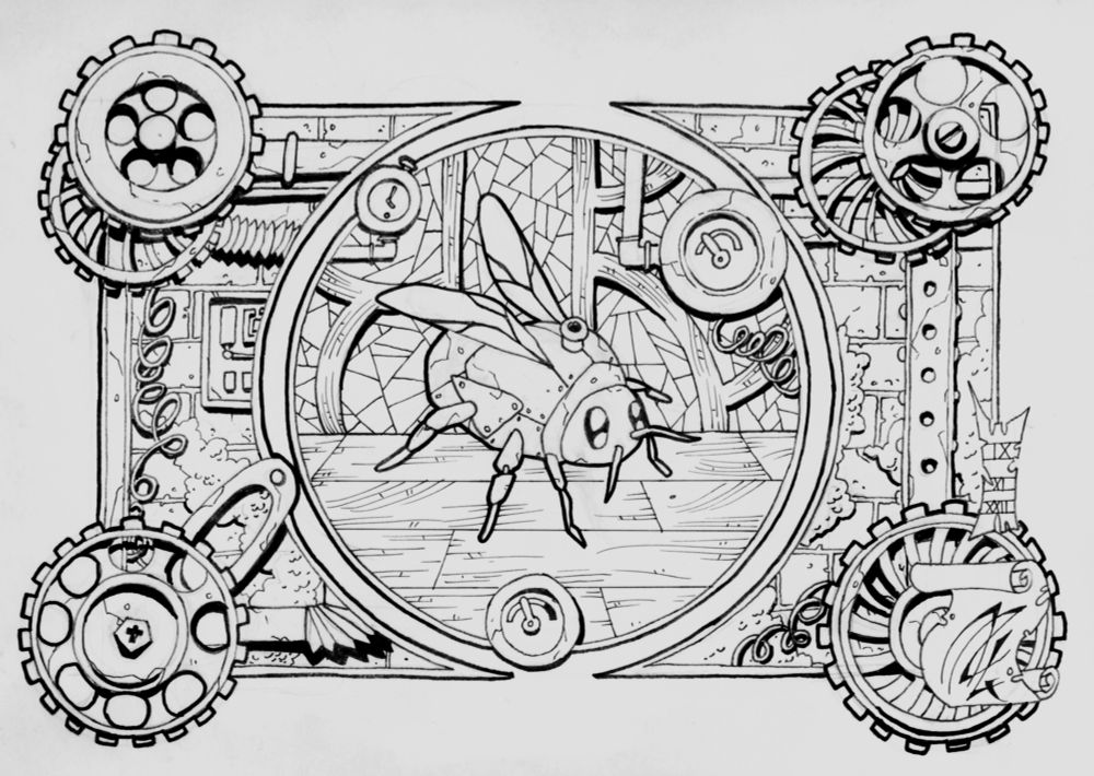 Dessin noir et blanc format A5 d'un bourdon mécanique dans un cadre art nouveau constitué d'un cercle central entouré d'engrenage et de détails steampunks
