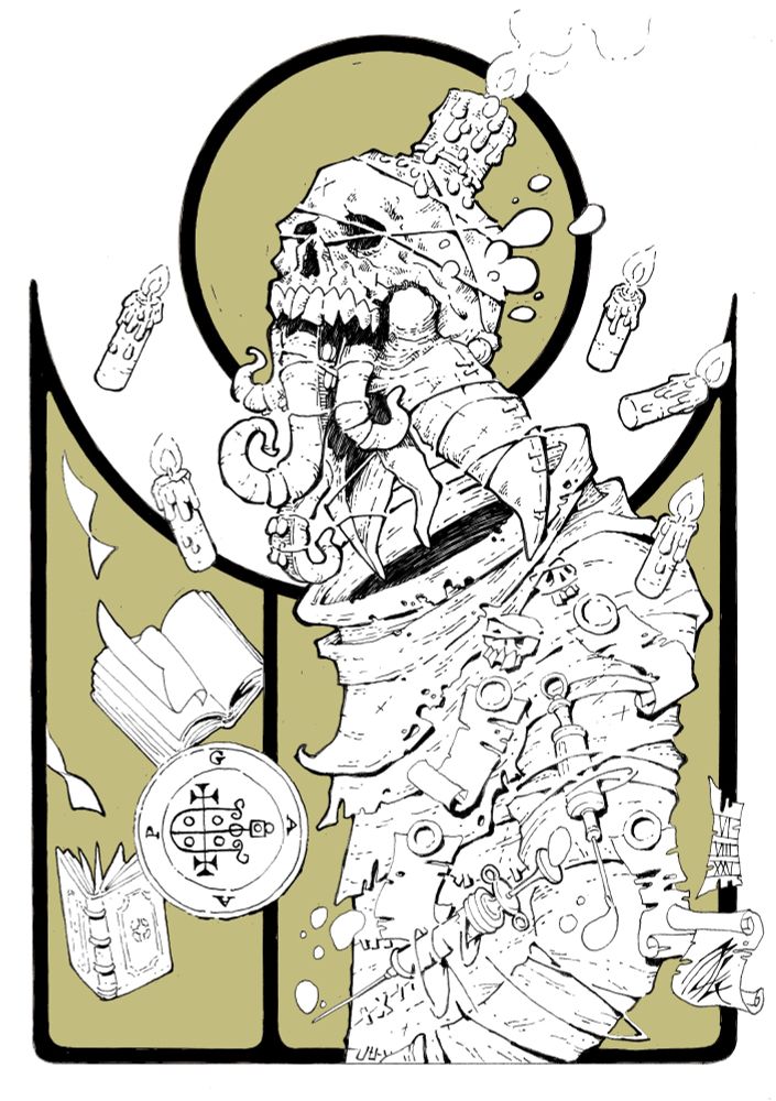 Dessin représentant un crâne, une grosse bougie allumée posée sur le dessus, des tentacules sortant de sous la mâchoire. Un masque de médecin de la peste semble sortir de l'arrière du crâne, ouvrant le bec comme un oiseau. Cette représentation du démon Gaap est ficelé par plusieurs liens s'enroulant partout. Des bougies flottent autour, des seringues et des parchemins sont attachés à ses vêtements. Son sceau est présent en bas à gauche entouré de livres flottants dans les airs.
Les cadres sont en noir tandis que leur fond sont colorisés d'or