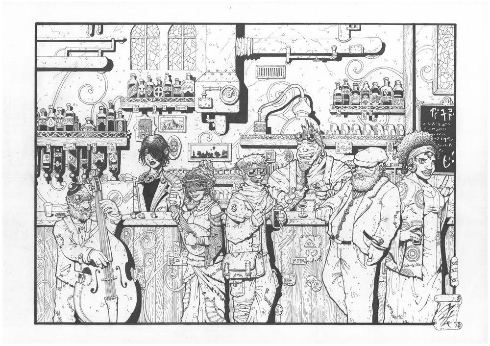 Dessin noir et blanc format A3 de personnages dans un bar. De gauche à droite : un petit homme portant chapeau, lunettes et barbe joue de la contrebasse, la tenancière derrière le bar servant une pinte, elle est vêtue d'un cuir et de lunettes d'aviateur autour du coup. Un joueuse de luth en vêtements orientaux. Un homme portant des lunettes tenant une pinte accoudé au bar. Le tenancier servant un petit verre à la bouteille. Un vieil homme barbu accoudé au bar. Une femme semblant discuter avec quelqu'un hors champ