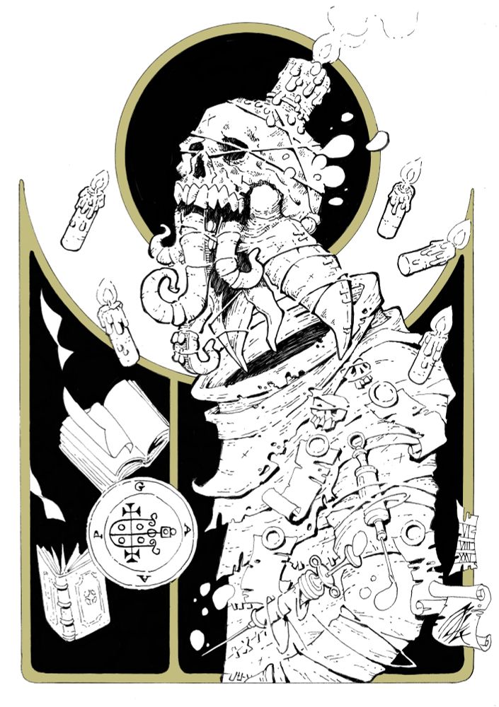 Dessin représentant un crâne, une grosse bougie allumée posée sur le dessus, des tentacules sortant de sous la mâchoire. Un masque de médecin de la peste semble sortir de l'arrière du crâne, ouvrant le bec comme un oiseau. Cette représentation du démon Gaap est ficelé par plusieurs liens s'enroulant partout. Des bougies flottent autour, des seringues et des parchemins sont attachés à ses vêtements. Son sceau est présent en bas à gauche entouré de livres flottants dans les airs.
Les cadres sont colorisés d'or et leur fond en noir