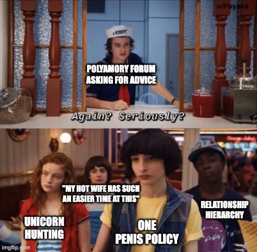Polyamory forum asking for advice: “Again, seriously?” Community asking questions about “unicorn hunting” “my hot wife has such an easier time at this” “one penis policy” “relationship hierarchy”