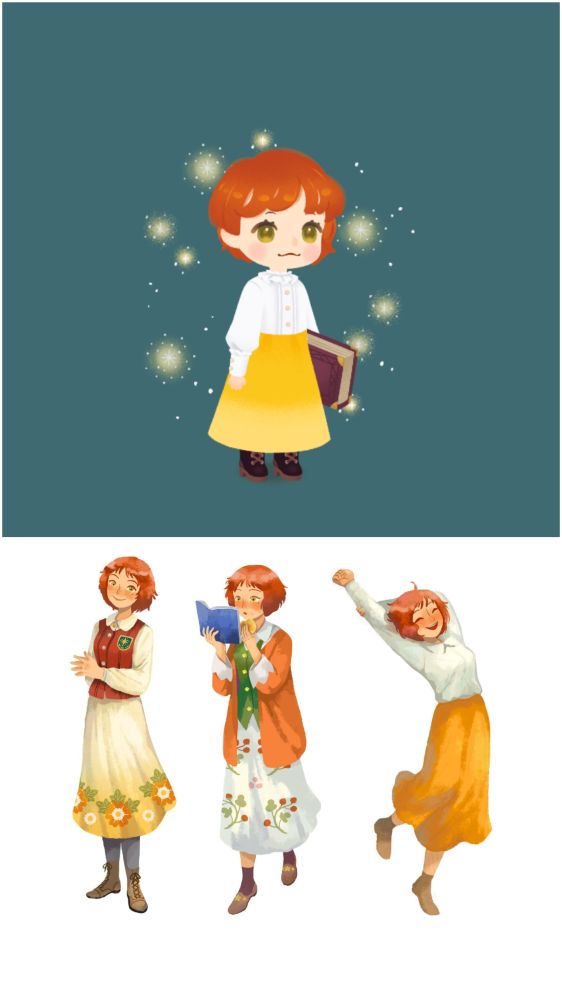 An original character, a girl with short, red hair wearing a white shirt and a yellow skirt. The upper image shows her in the game Livly Island. The lower image shows her original design in different outfits.