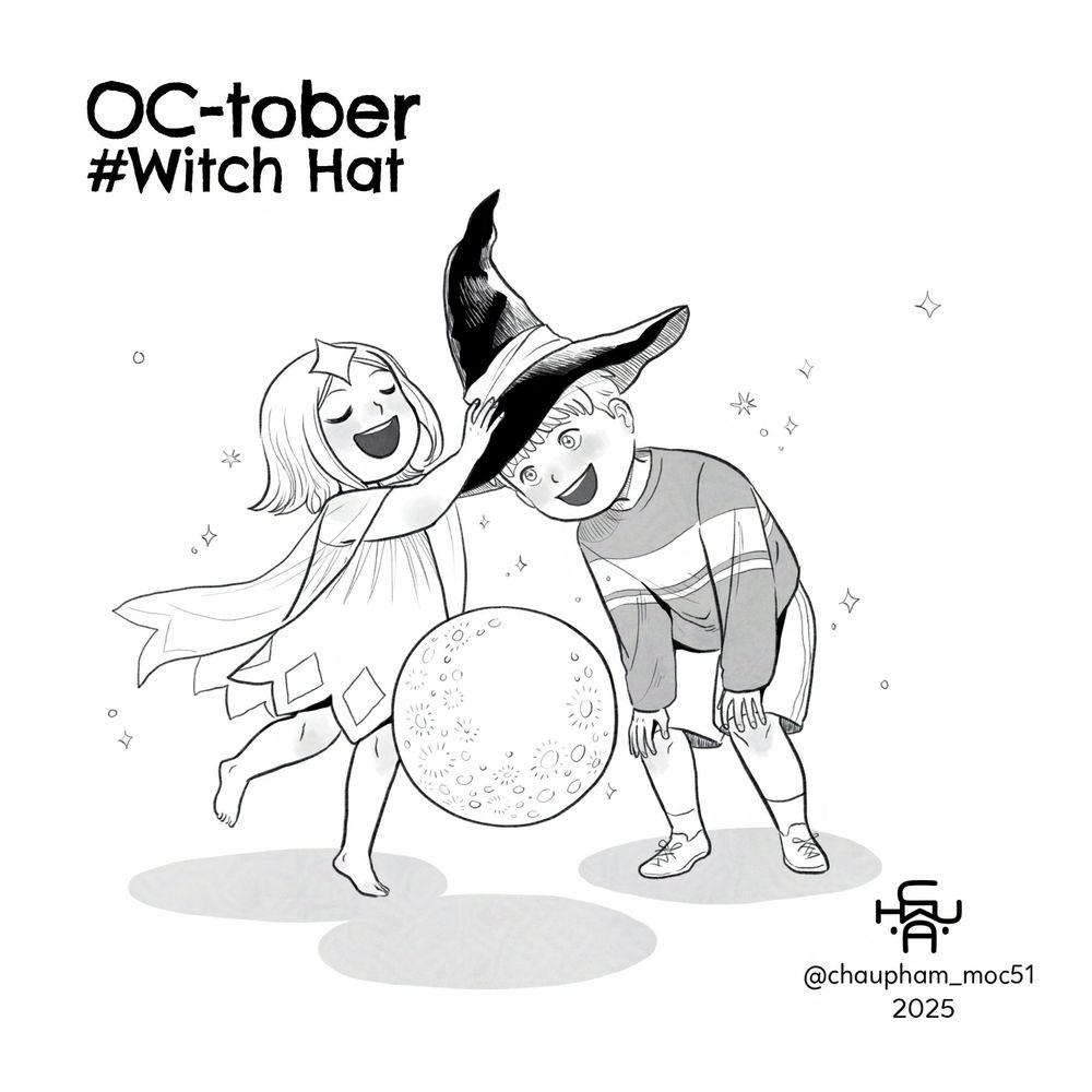 A black and white illustration of two children and the Moon floating around them. The girl wears a knee-length dress with a sheer cape, smiling proudly as she places the black witch hat on the boy's head. The boy happily leans down to receive the hat. He's wearing a long-sleeved shirt with shorts. 