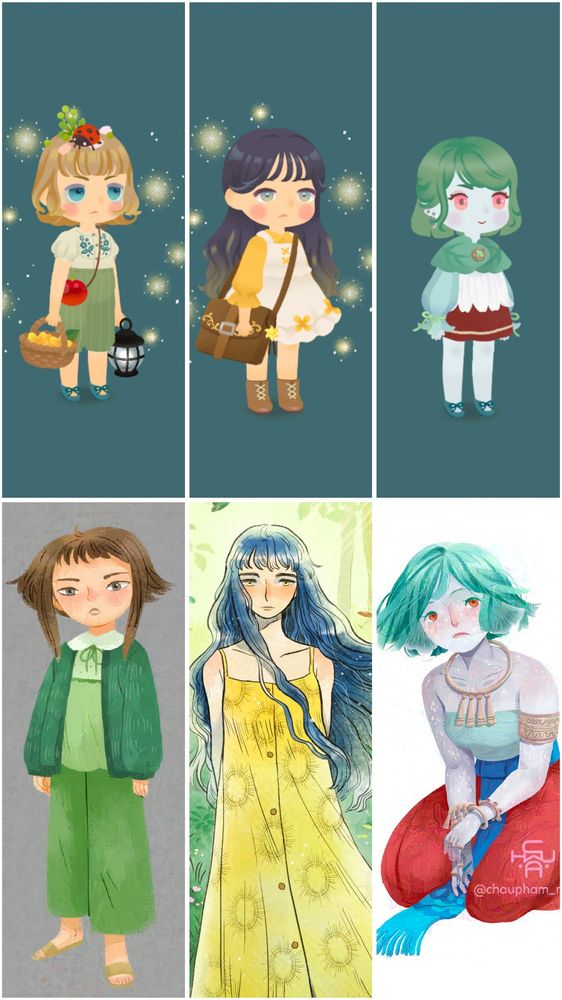 A comparison between the original characters (below) and their reimagined version in the game called Livly Island (above). The three characters from left to right: a brown haired girl, a blueish dark haired girl, a pale skin and cyan haired girl