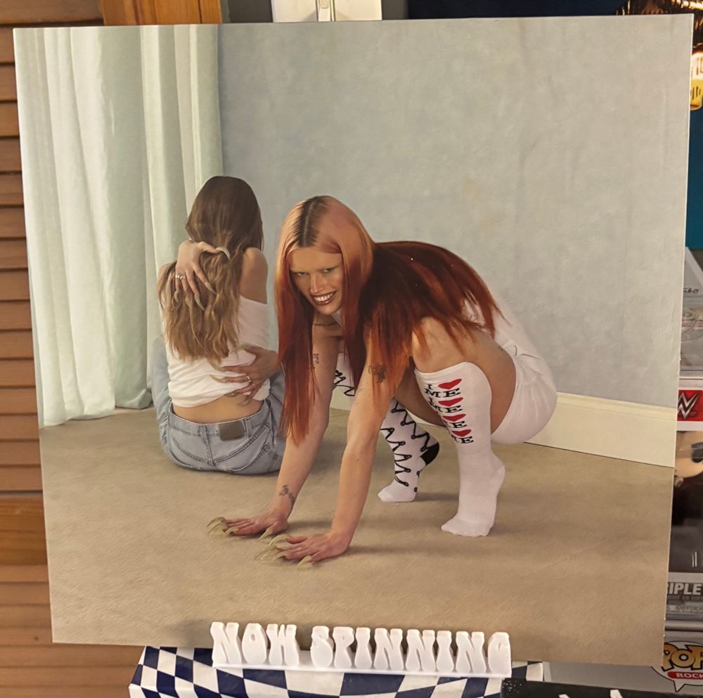 The cover of Wet Leg's album moisturizer displayed on a stand that says "now spinning".