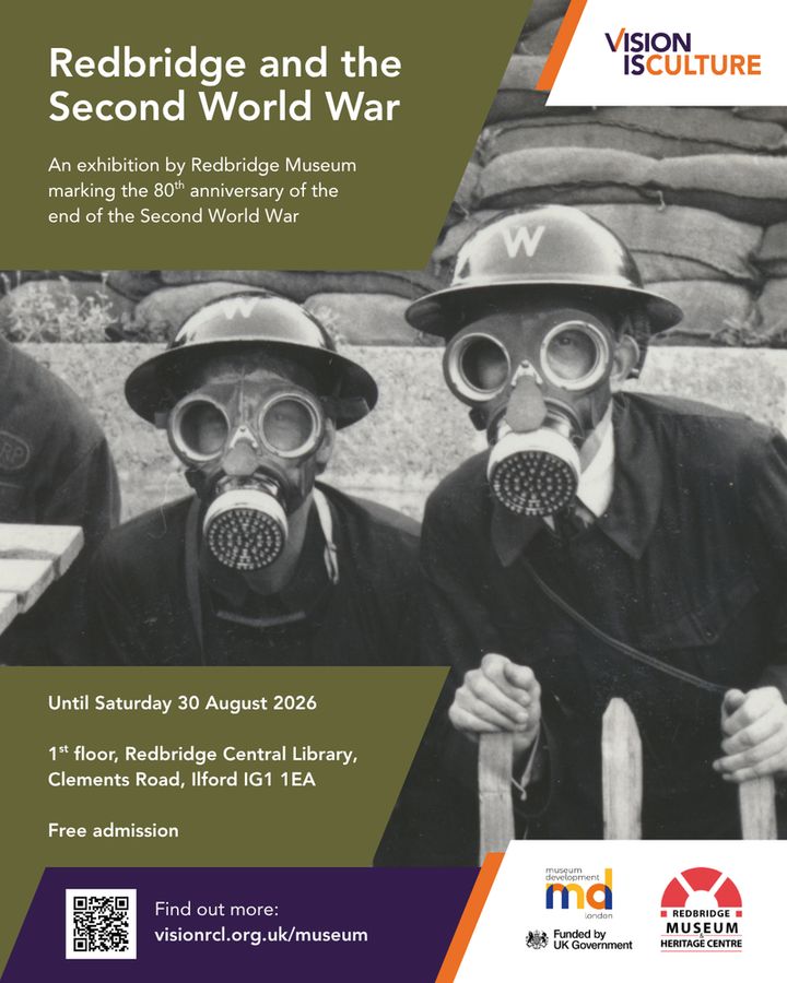 Poster for Redbridge Museum’s ‘Redbridge and the Second World War’ exhibition featuring a black and white photograph of two Air Raid Precaution wardens wearing gas masks