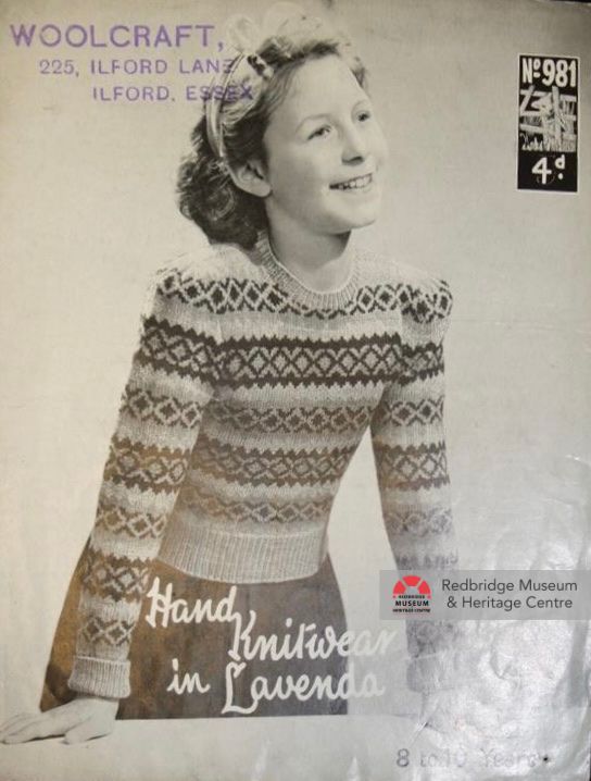 Photo of the front cover of a pamphlet featuring a black and white photo of a young girl wearing a hand-knit patterned jumper. A stamp on the cover indicates it was purchased from Woolcraft on 225 Ilford Lane.