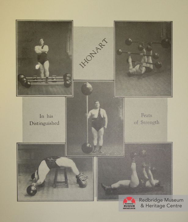 Print/poster featuring black and white photographs of Ihonart posing and lifting weights with the text ‘IHONART / In his Distinguished / Feats of Strength’