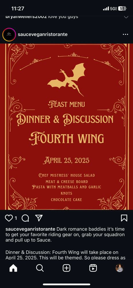 An Instagram post advertising an extremely out-of-date Fourth Wing-themed evening at the Vegan BDSM restaurant 