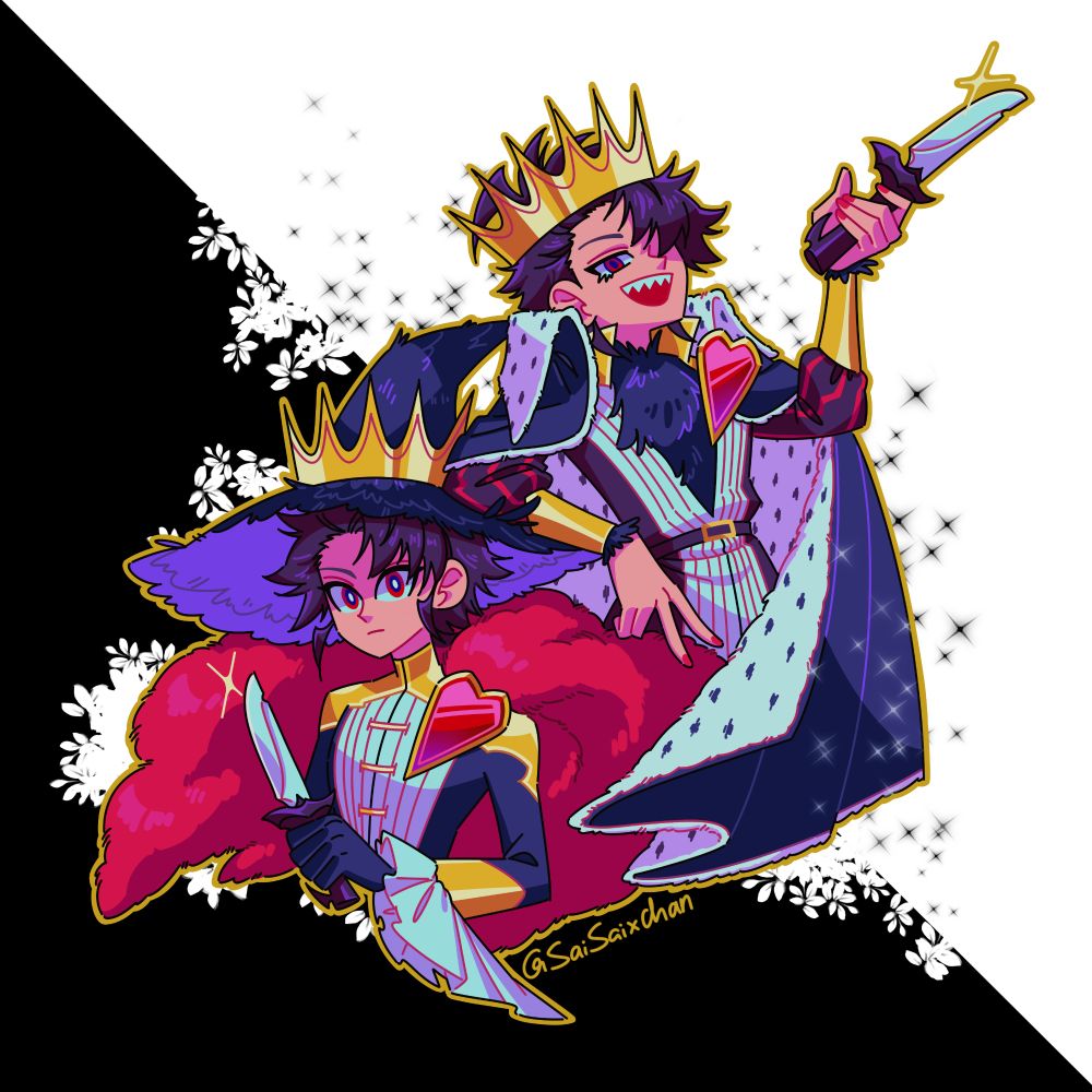 Fanart for Ichi the Witch. There are two characters facing the camera.
The one in the front is giving the camera a mildly unsettling stare, and holding a knife in front of him. He's wearing a very regal, formal outfit, with frilly sleeves, gold accents, and a large, furry red cape. On his chest is a large heart pin. He's wearing a witch hat made of feathers, with a crown around the rim.
Behind him is a similar man, but in a much more casual pose and outfit. He has a large, arrogant grin, with sharp teeth. He has no hat, with the crown directly on his wild black hair. The front of his over shirt is open and longer, belted around his waist, and his undershirt is gone. Feathers cover his body from below the neck, and stick out of the sleeves. The coat is now black with white, spotted fur. The heart pin is still on his chest, and he's lazily holding his knife. 
Behind them, the background is black and white. Black behind the lower figure, and white behind the above figure. The white shapes of leaves peak out behind the below figure, white black sparkles surround the above.