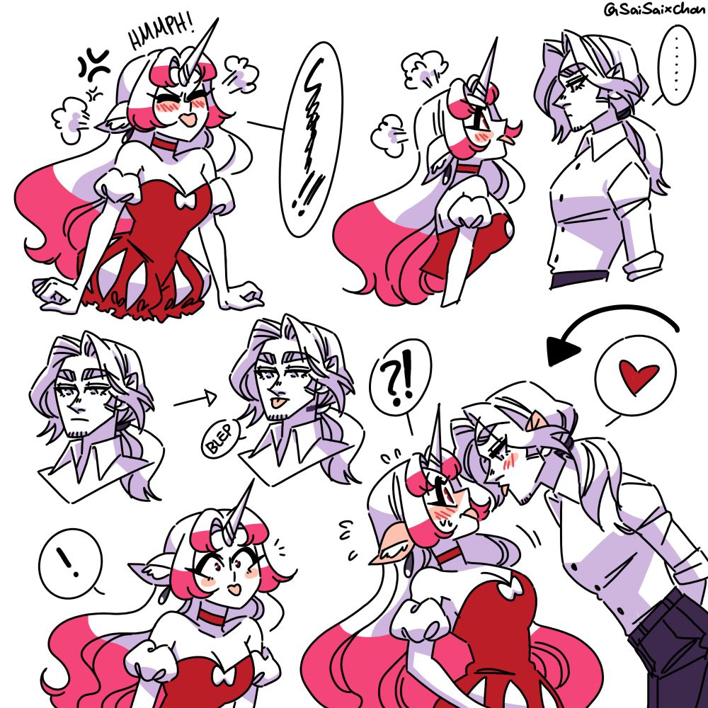 A comic of a unicorn woman, sticking her tongue out and looking frustrated, facing a man who looks unfazed.

He suddenly sticks his tongue out at her, expression unchanging. The woman looks surprised, and gets flustered as he starts leaning closer, both with their tongues still out.