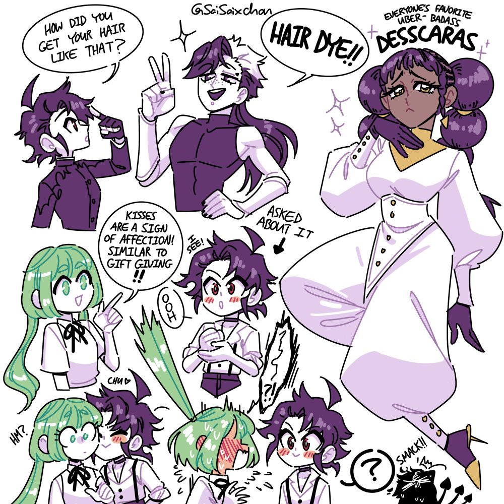 Another doodle page.

The top left has Ichi asking Gokuraku about how he styled his hair, and Gokuraku responding with hair dye.

The right side has a full body art of Desscaras.

The middle to bottom left has a mini comic about Kumugi explaining what kisses are to Ichi, who responds by kissing her on the cheek, and she reacts with an deeply confused and overdramatic fluster, while Ichi looks on none the wiser. Uroro next to him slaps his own forehead in response.