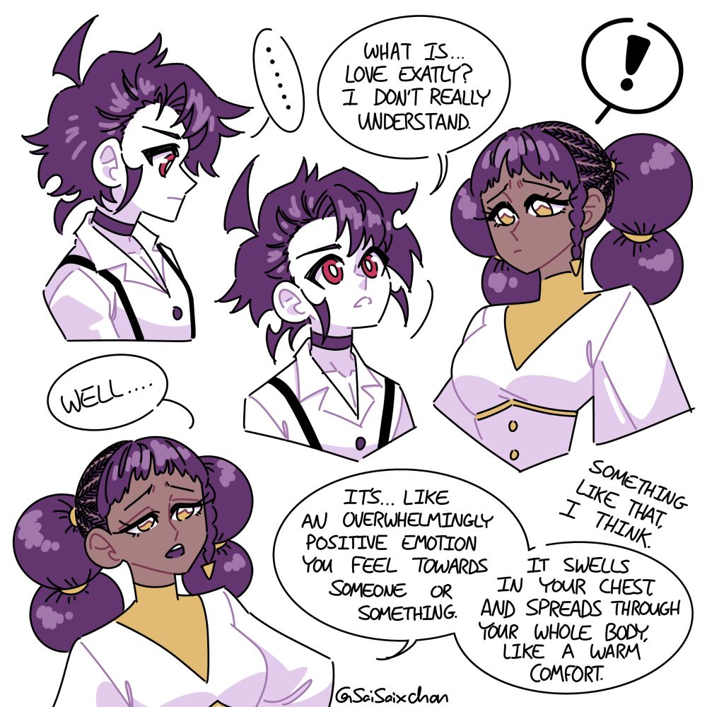 A comic page. Ichi is asking Desscaras what love is, while she tries to explain.