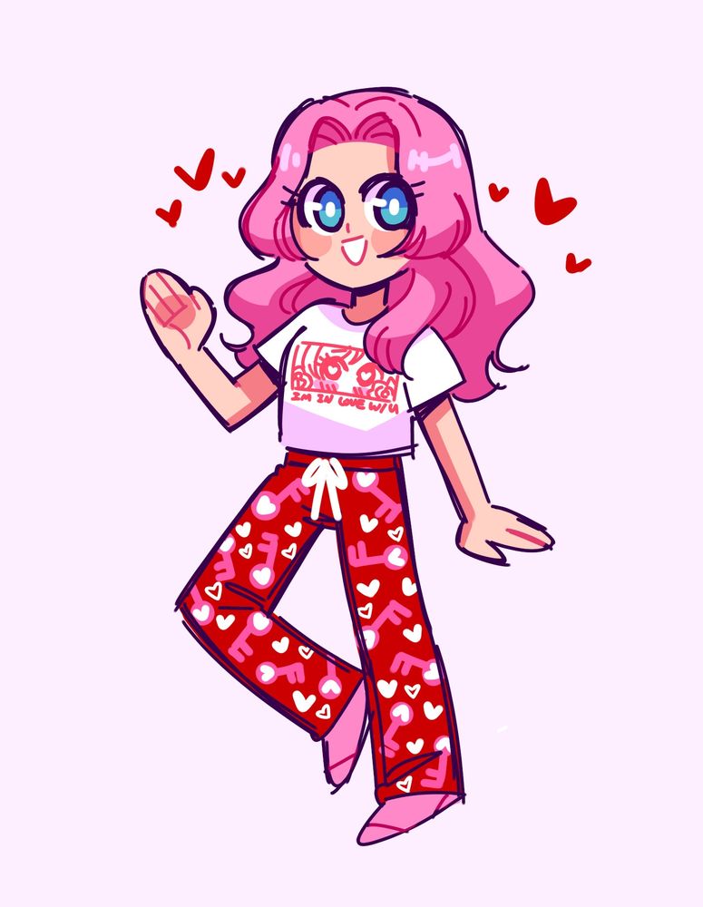 A girl with pink hair, wearing a shirt with a shoujo style panel, and red pants covered in hearts. She's smiling and waving.