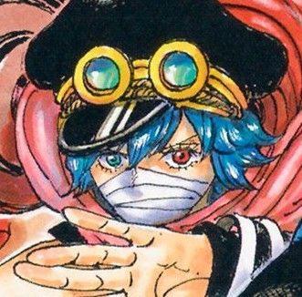 an image of Gunko from One Piece. She has blue hair and one red and one blue eye, while wearing a black hat and wrappings around her mouth.